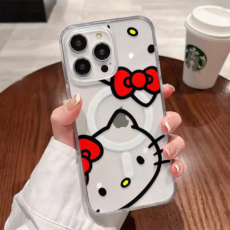Funda de teléfono magnética con dibujos animados de Hello Kittys Magsafe para iPhone 16 15 14 13 12 11 8 7 Plus Pro Max X XR XSMax, funda transparente de Tpu - imagen 3