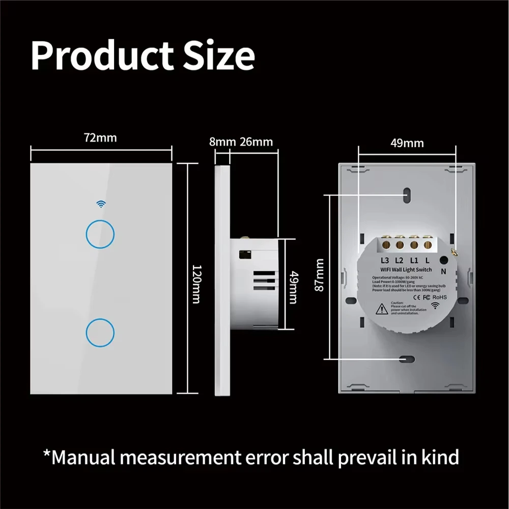 Tuya-interruptor de luz inteligente WiFi, cable neutro necesario, Interruptor táctil de pared, vida inteligente de EE. UU., funciona con Alexa, Google Home, 1/2/3/4 entradas - imagen 5