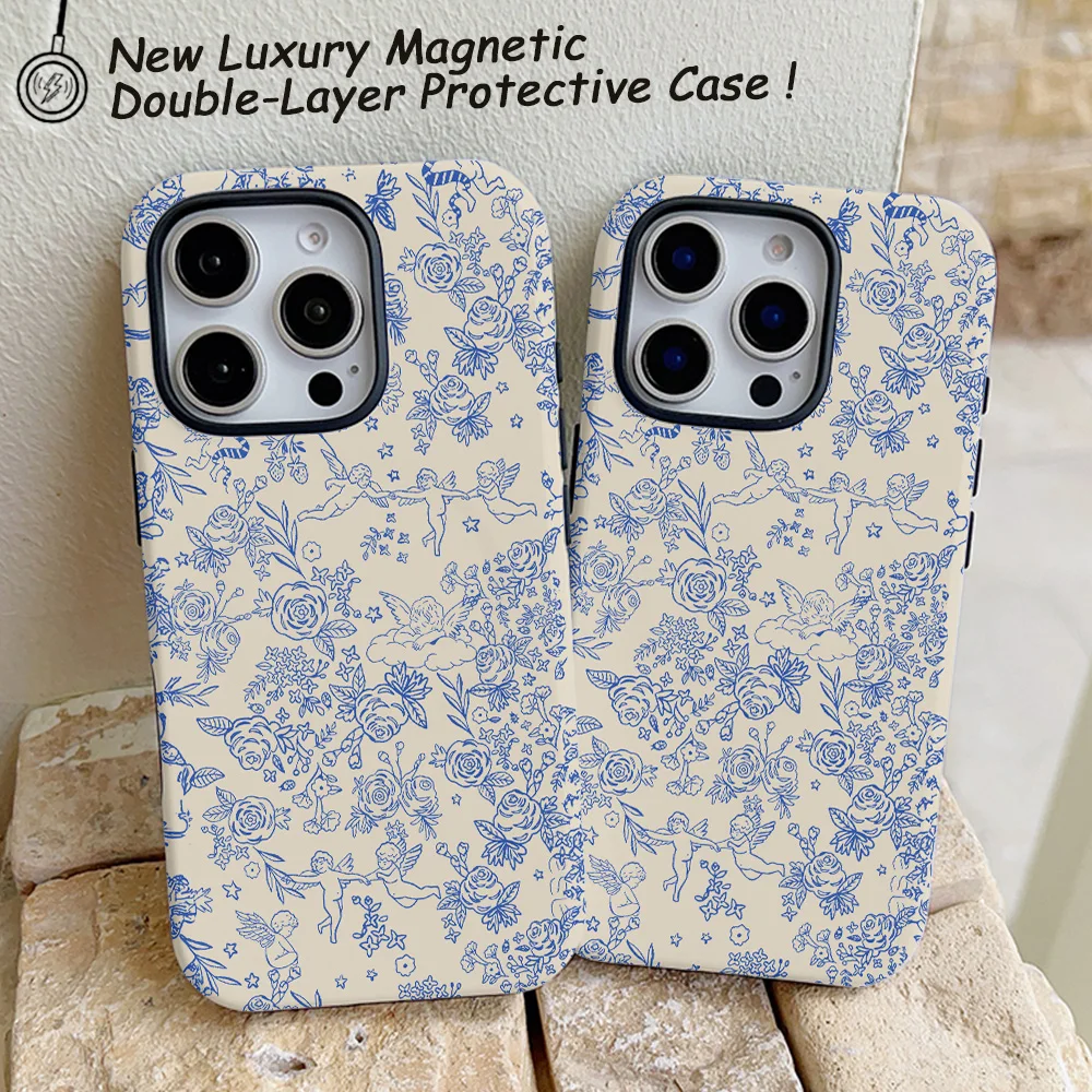 Funda de teléfono de lujo con diseño de Ángel y flor azul para iPhone 16, 15, 14, 13, 12, 11 Pro Max Plus, funda trasera magnética de doble capa de lujo