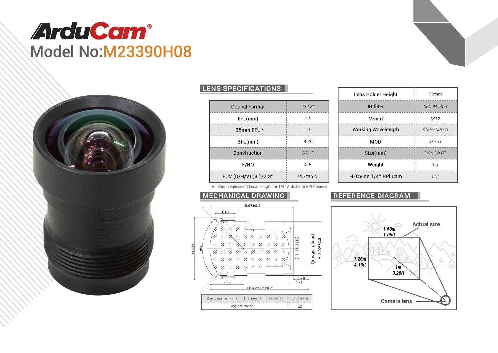 Lente Arducam 75 grados 1/2,3 ′′ M12 con adaptador de lente para cámara Raspberry Pi de alta calidad - imagen 3