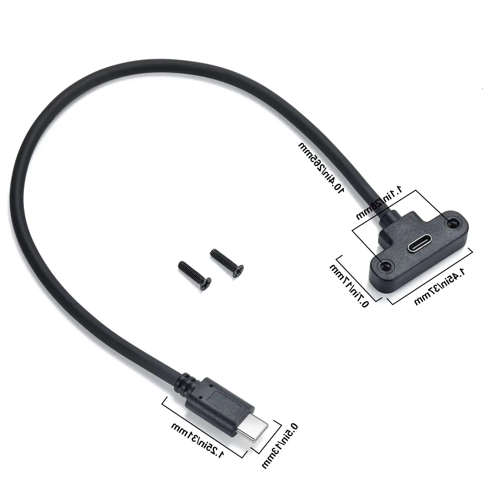 tipo c USB 90 °   Cable de carga tipo montaje en panel de extensión de ángulo macho a hembra, 1 pies, negro (tipo-c M/F) con tornillos de 0,3 M