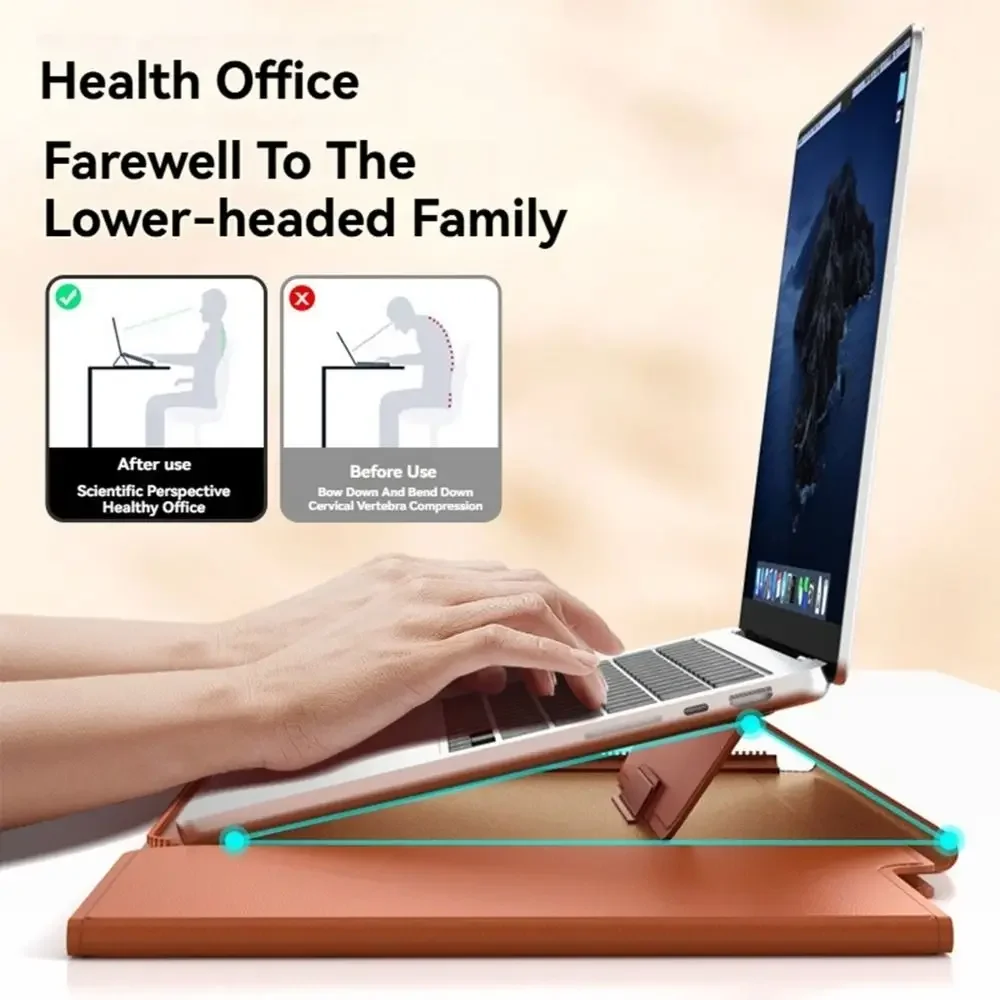 Funda para portátil de 13-14/15-16 pulgadas con soporte, bolsa de transporte multifunción, bolsa de cuero plegable para Macbook Air - imagen 5