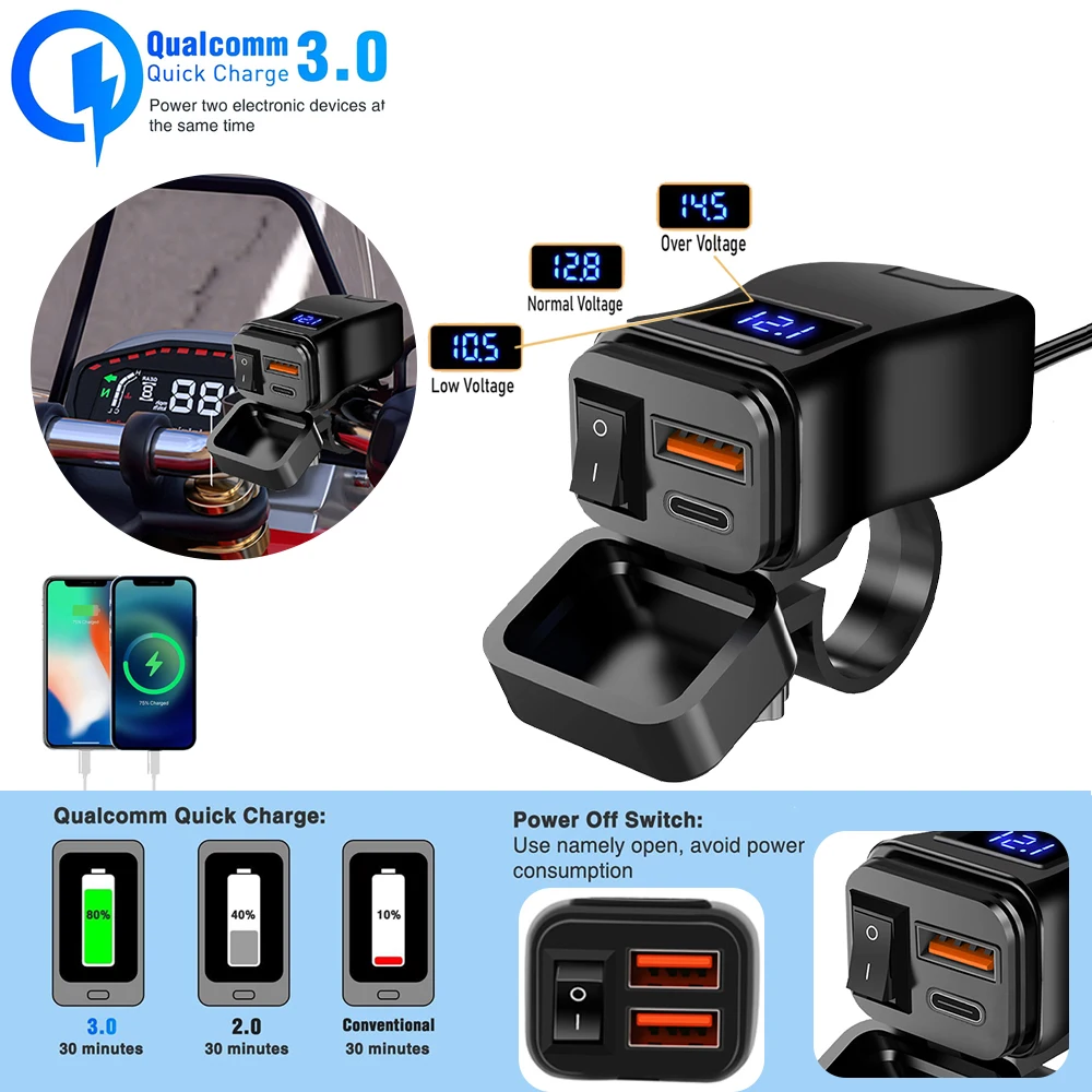 PD QC3.0-cargador celular rápido USB para motocicleta, conector de enchufe de puerto tipo C resistente al agua con voltímetro móvil, carga Digital - imagen 2