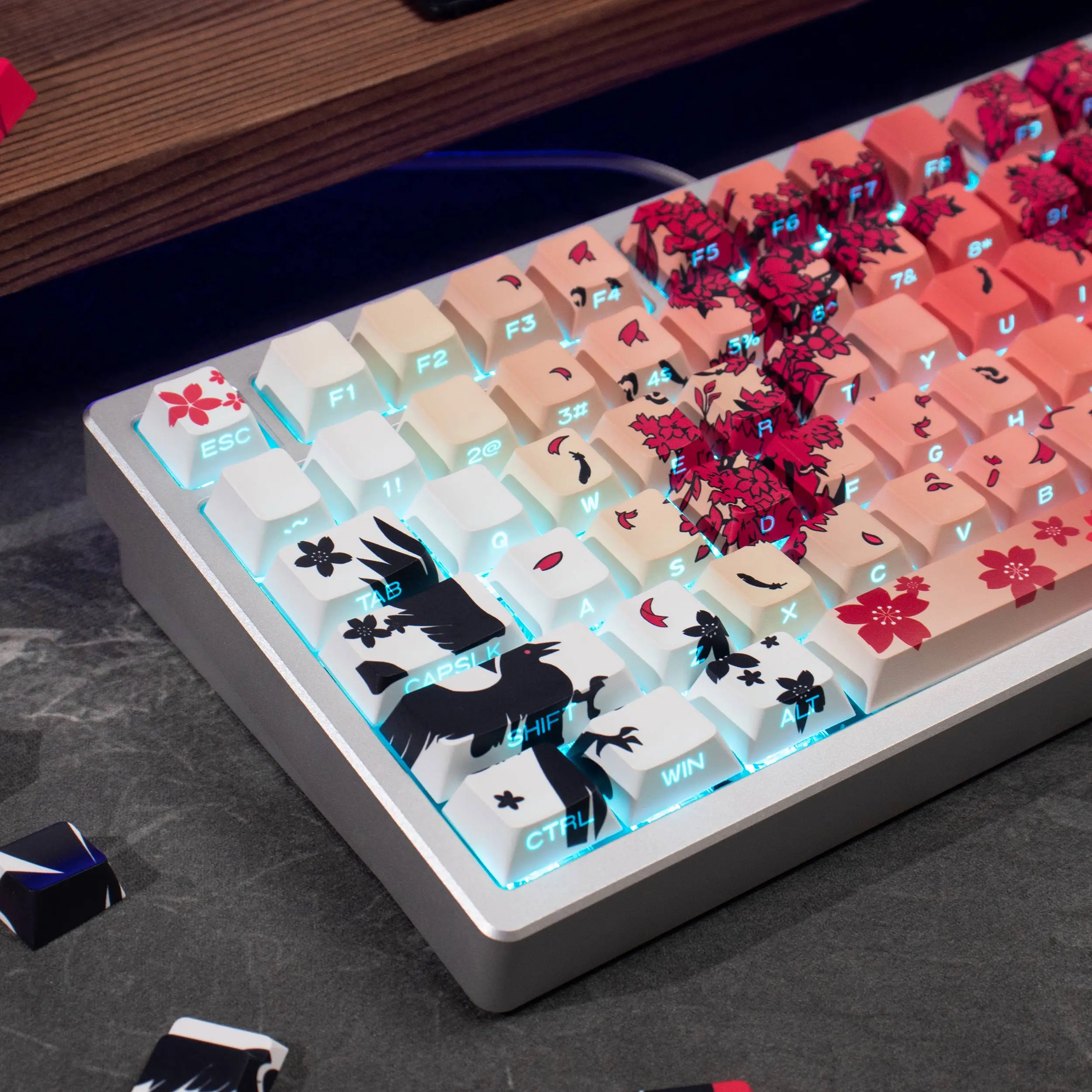 Teclas Sakura Cuervo Cherry Profile PBT, 131 teclas, sublimación GX87 Crush80 Hi8 Hi75 Lucky65 raven68 Rainy75