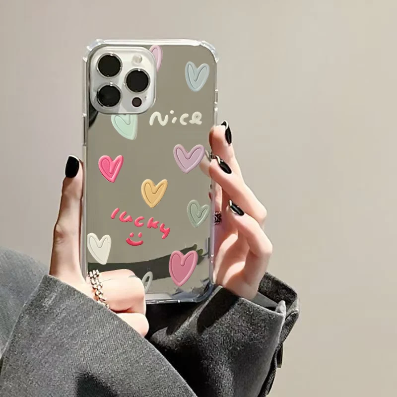 Graffiti Love Simple cara sonriente espejo funda de teléfono para iPhone 16 15 14 Pro Max 11 12 13 Pro 7 8 Plus XR X XS Max cubierta creativa - imagen 2