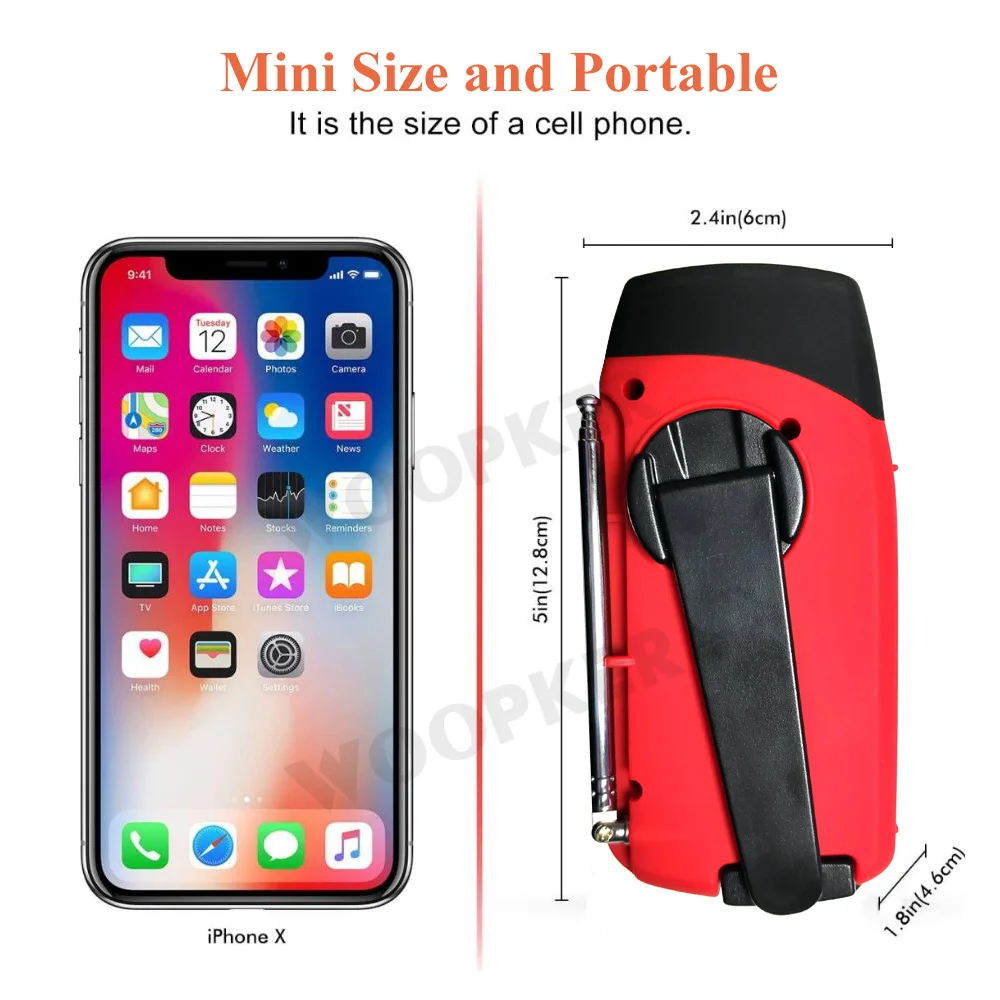 Woopker-Radio de emergencia E01, dispositivo con manivela Solar, USB (FM/ AM/ NOAA), WB, meteorológico, con linterna y banco de energía - imagen 3