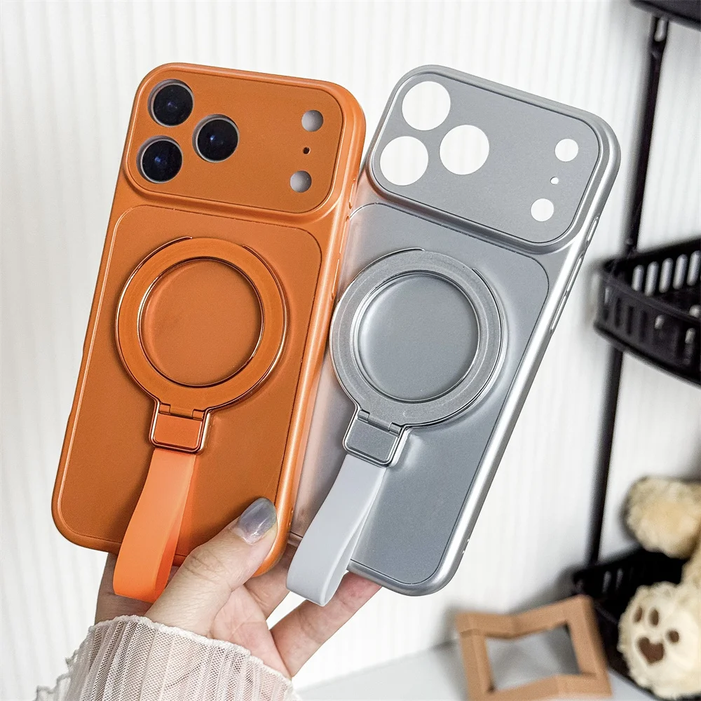 Funda de teléfono con soporte plegable magnético con correa de muñeca suave de lujo para iPhone 17 16 15 14 13 12 11 Pro Max Air Plus cubierta protectora de lente