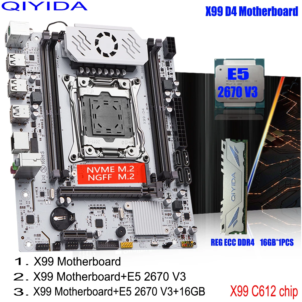 QIYIDA X99 Kit de placa base LGA 2011-3 Xeon E5 2670 V3 procesador de CPU 16G REG ECC DDR4 memoria RAM nombre M.2 SATA3.0 USB3.0
