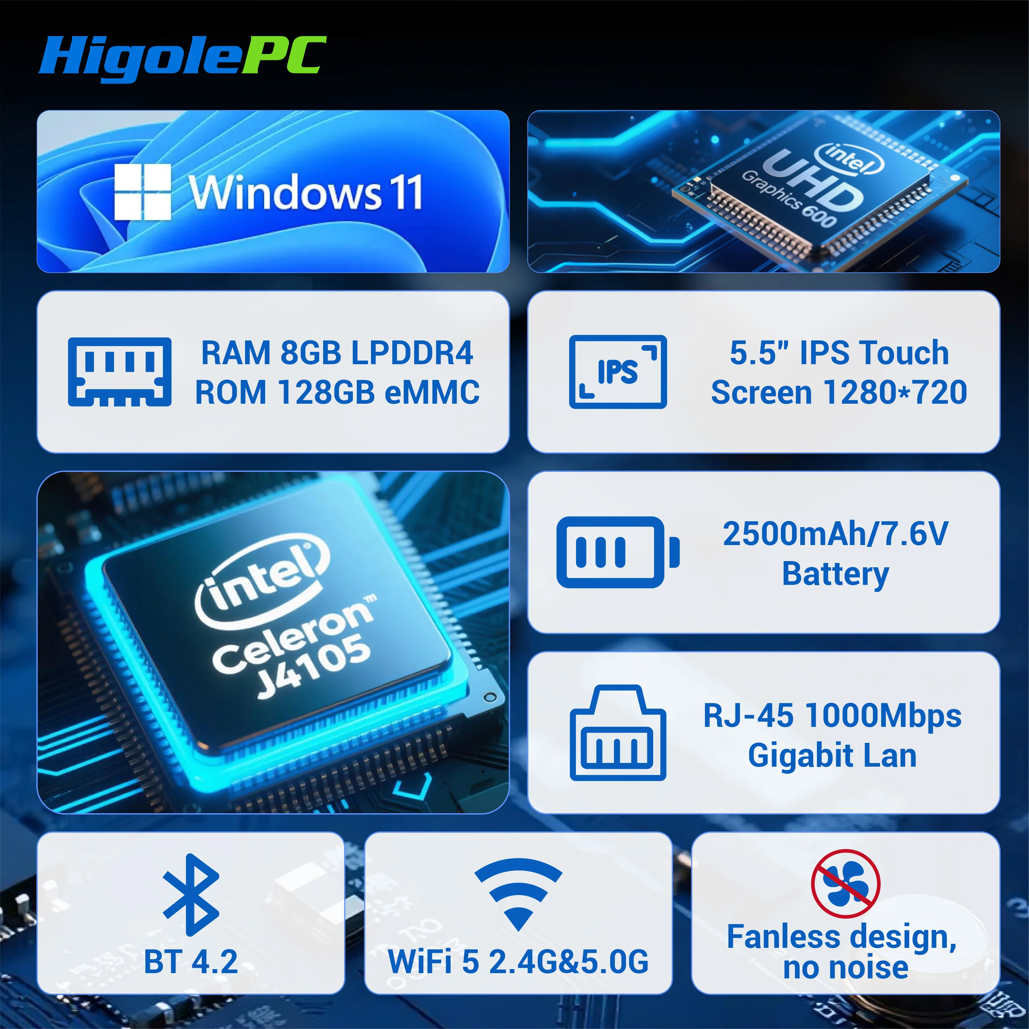 Higole Gole 1 Pro 5,5 ''Mini PC sin ventilador Intel J4105 Windows 11 WiFi5 8G 128G 2500mAh con pantalla portátil PC de escritorio Mini ordenador - imagen 2