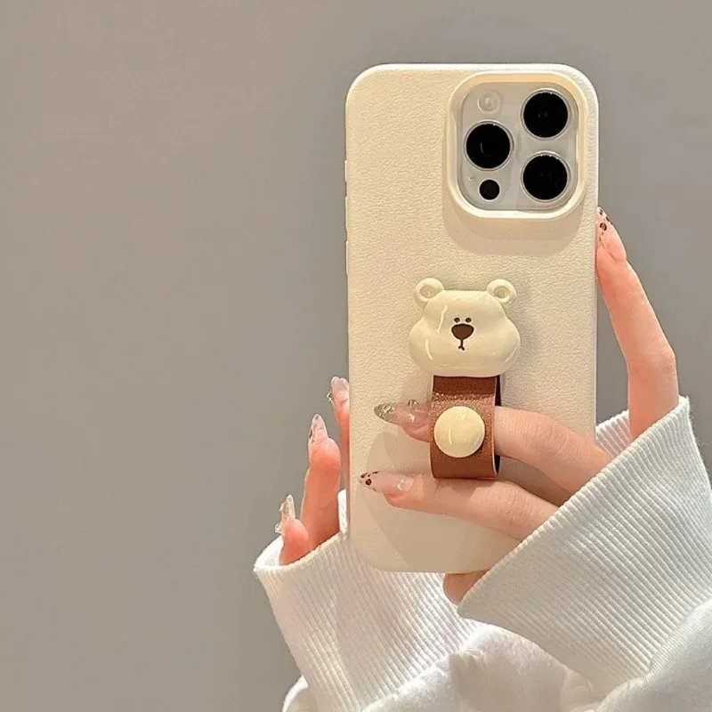 Funda de teléfono con textura de lichi y soporte para anillo de dedo de oso 3D bonito de Corea para iPhone 17 Pro Max 11 12 13 14 15 16 Plus 17 Air 16E