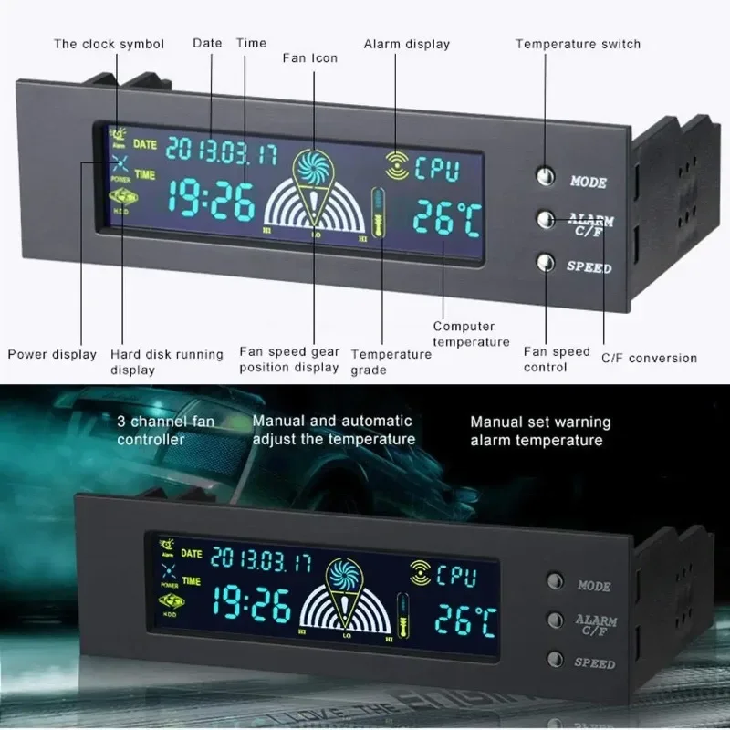 Controlador de ventilador de ordenador de 5,25 pulgadas, 12V, 3 ventiladores, controlador de velocidad, Sensor de temperatura, pantalla Digital LCD, Panel frontal para PC - imagen 2