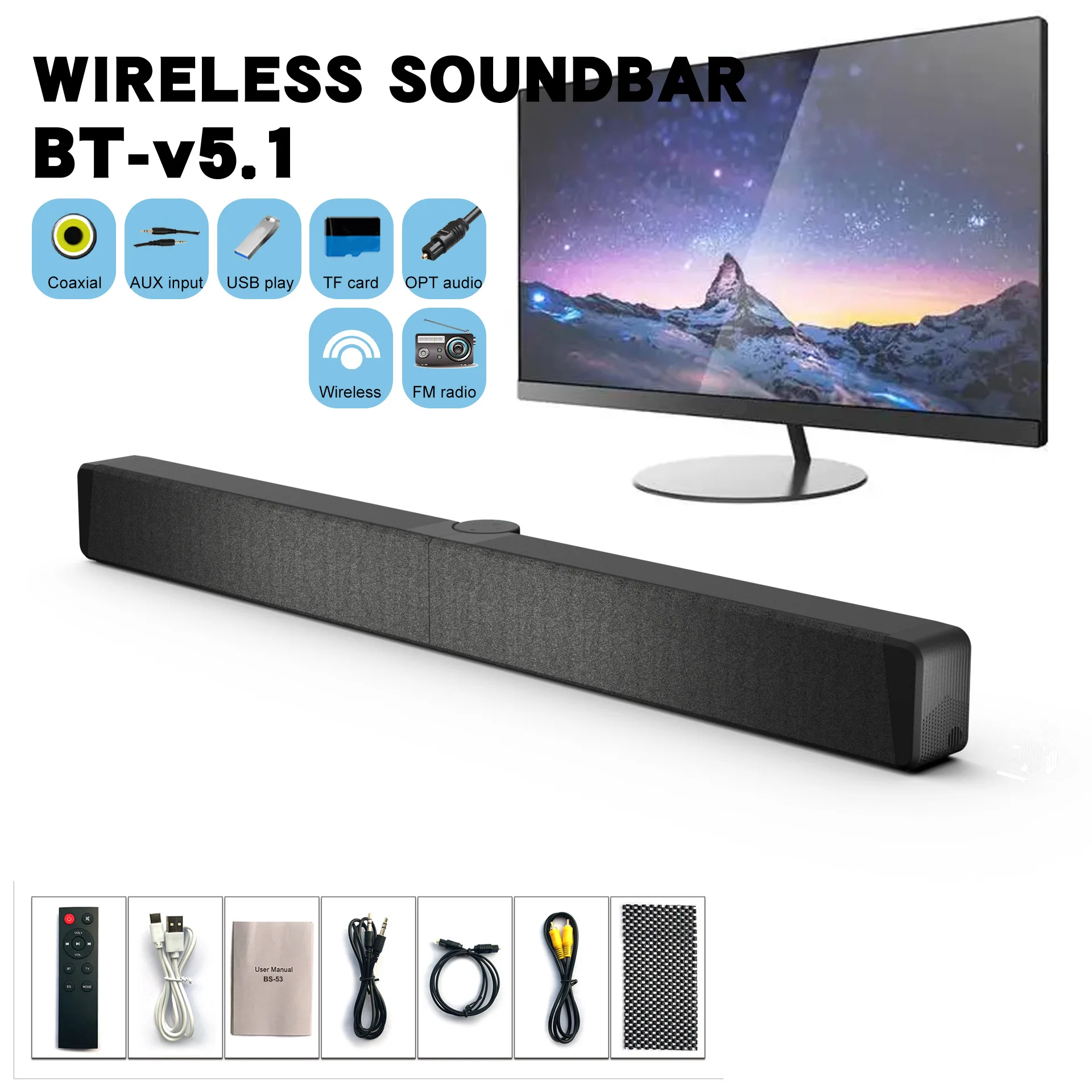 Barra de sonido para TV, altavoces inalámbricos BT 5,1 con barra de sonido plegable FM, sistema de sonido envolvente para cine en casa, conexión de tarjeta TF/Aux/RCA - imagen 3