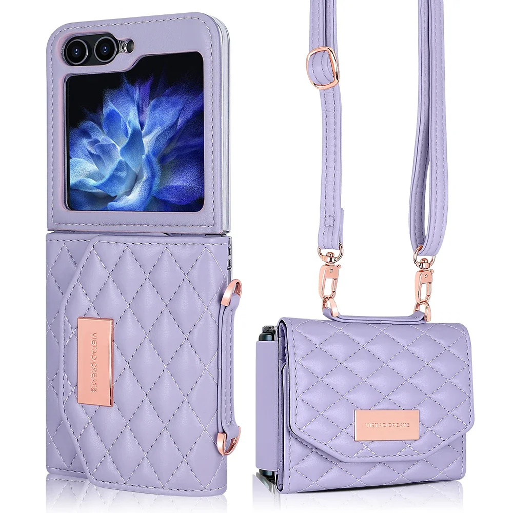 Funda de cuero con cordón para Samsung Galaxy Z Flip 6, 5, 4, 3, 5G, Flip6, Flip5, correa de diamante, Triple pliegue, monedero - imagen 5