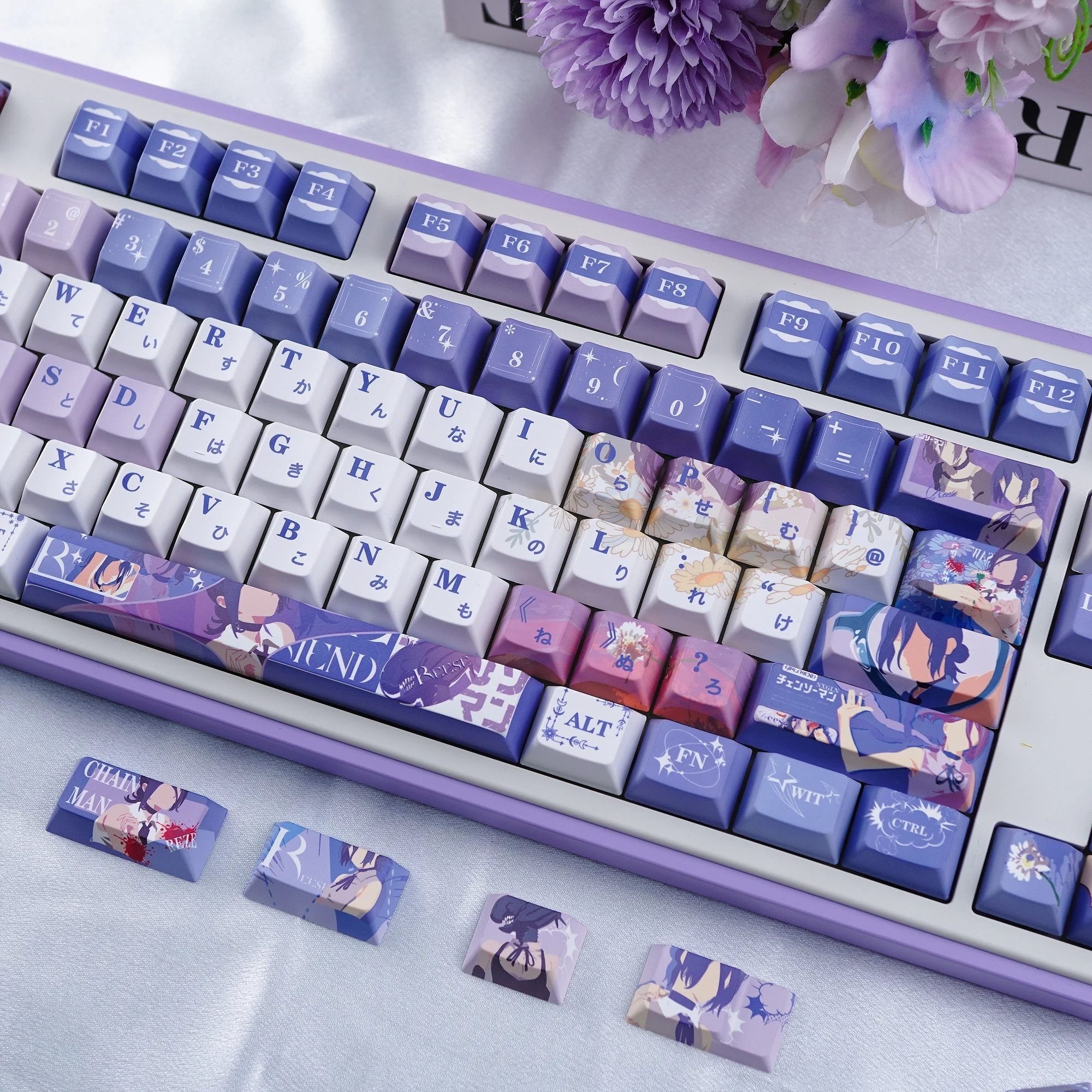 Reze Keycaps Cherry MOA perfil motosierra hombre tema Anime personaje Keycap PBT sublimación púrpura personalizado tapas de teclado mecánico - imagen 2