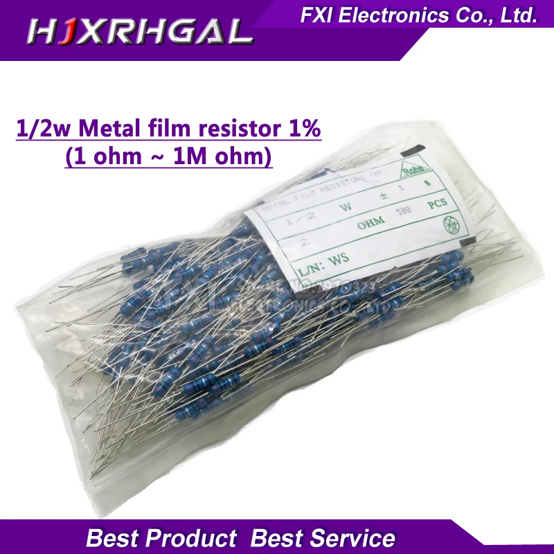 Resistencia de película metálica, 1/2W, 500 1R ~ 1M 1 2 10 22 47 1% 100 ohm 1K 330K 10K 22K 47K 4,7 K 100K 330K 2R 10R, 470 Uds. 22R 47R 100R 330R