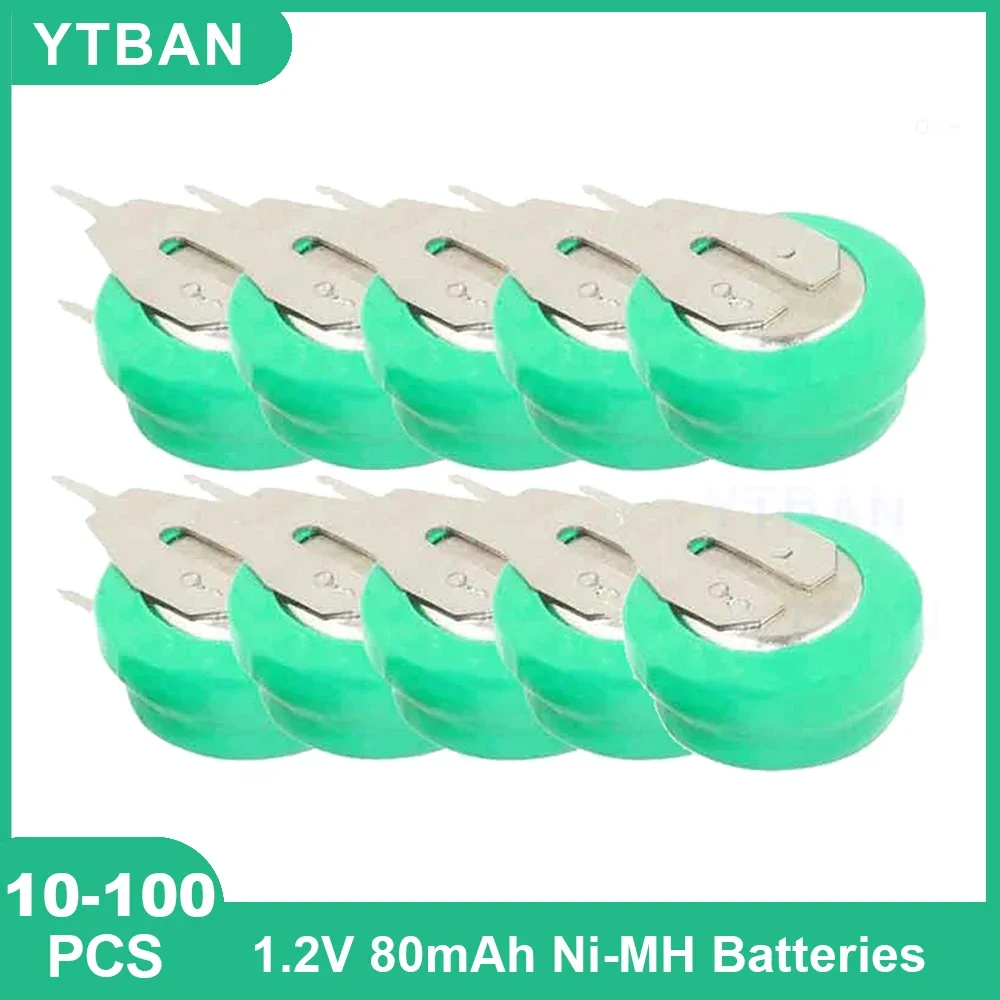 Paquete de 10-100 baterías recargables Ni-MH con pines de soldadura - Batería de pila de moneda de 1,2 V 80 mAh para juguetes eléctricos
