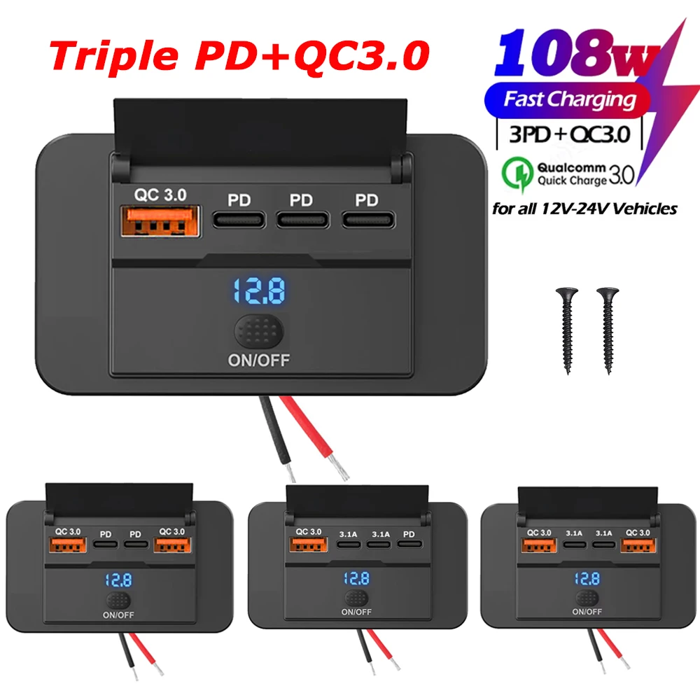 Panel de salida USB para RV, 108W, 12V, doble QC3.0 y doble toma de carga rápida PD3.0 con interruptor y voltímetro LED para barco, ATV y motocicleta