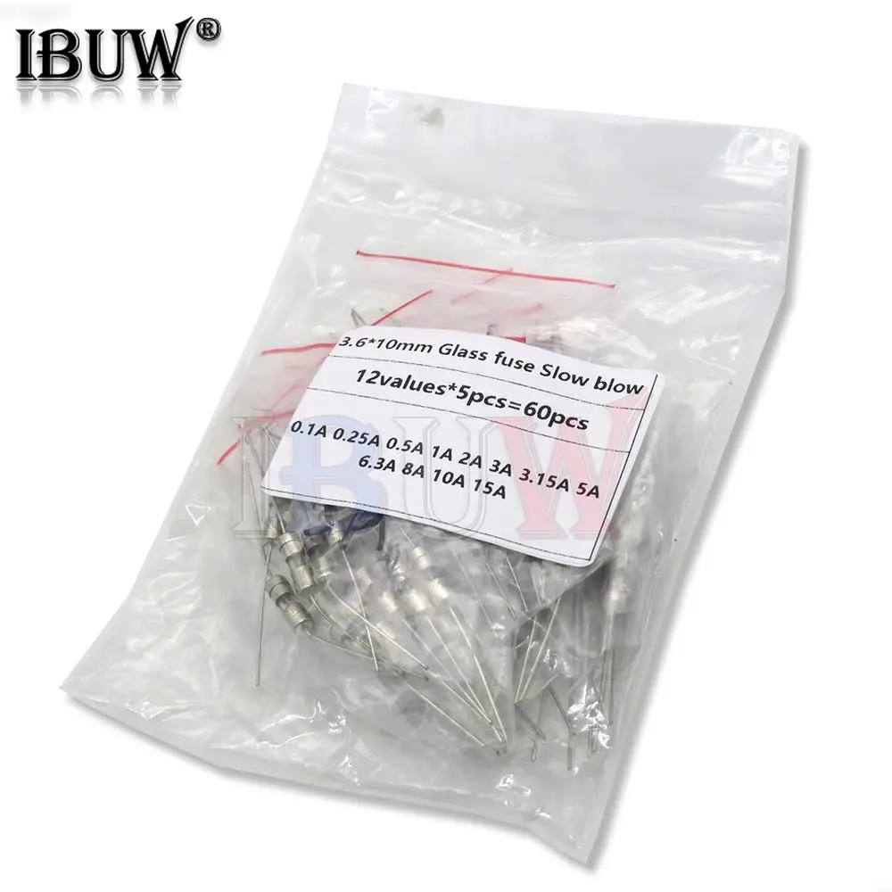 Fusible de vidrio de soplado lento, 12 valores x 5 piezas = 60 piezas, 3,6x10mm, 250V, 3,6x10 T0.1A-15A