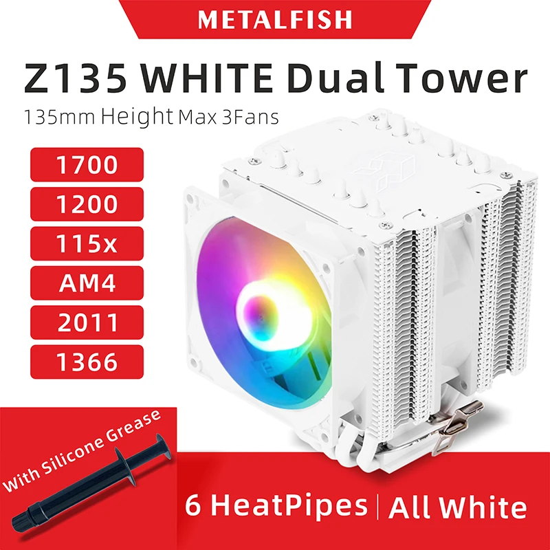Enfriador de CPU Z135 totalmente blanco con 6 heatPipes compatible con 1700/1200/115x/AM4, ventilador eficiente PWM ARGB de 4 pines, ventilador silencioso - imagen 2