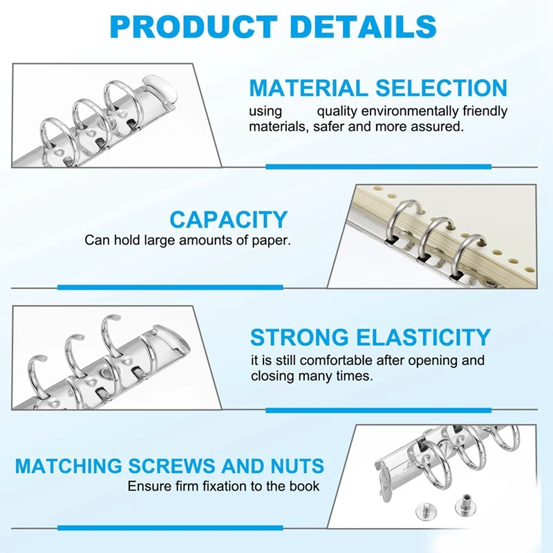 Top-B5 Mecanismos de carpeta de anillas de 9 orificios, 4 juegos de recambio de columna de carpeta para planificadores de carpetas, 2 cm, plateado - imagen 3