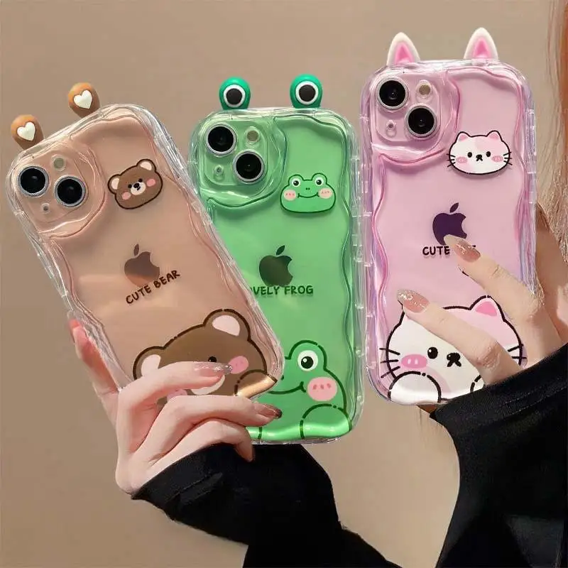 Funda 3D con orejas de gato, ojos de rana, bonito animal tímido para Samsung Galaxy S25 Plus S23 S24 Ultra FE A56 A16 A36 A55 A35 A54 A53 A15 A26 5G