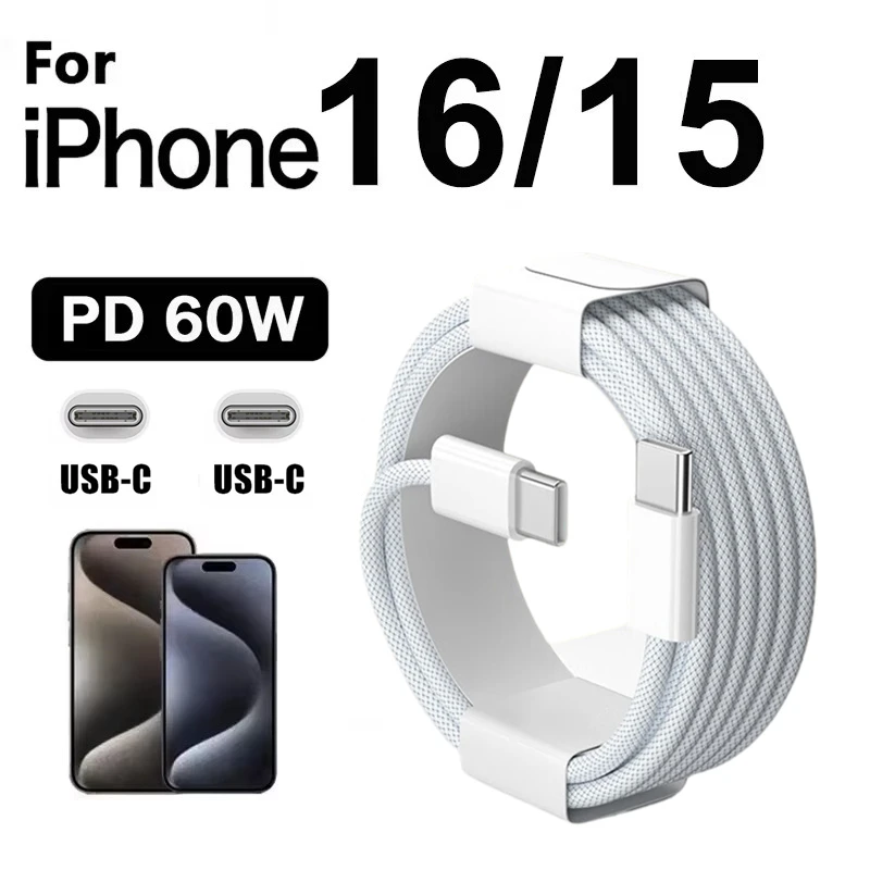 Cable de carga rápida PD USB-C a USB-C de 60W para iPhone 15 Plus 16 Pro Max 16e Samsung A54 S24 S25 Xiaomi Cable trenzado Dual tipo C