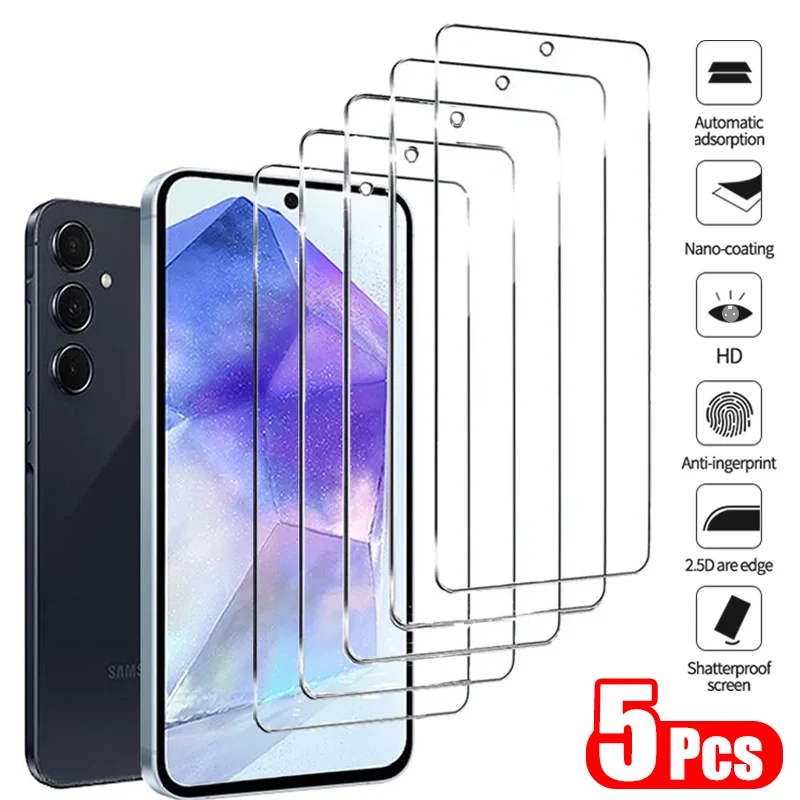 5 uds vidrio templado para Samsung Galaxy A35 A54 A13 A53 A52 A12 A22 A33 A32 A06 A52S A73 A05 A04 A55 A14 C55 M55 Protector de pantalla