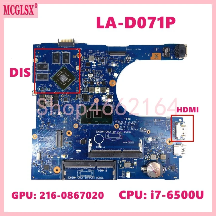 LA-D071P con i3/i5/i7-6th Gen CPU placa base para portátil Dell Inspiron 5559 5759 5459 3559 placa base para ordenador portátil 100% probado OK - imagen 2