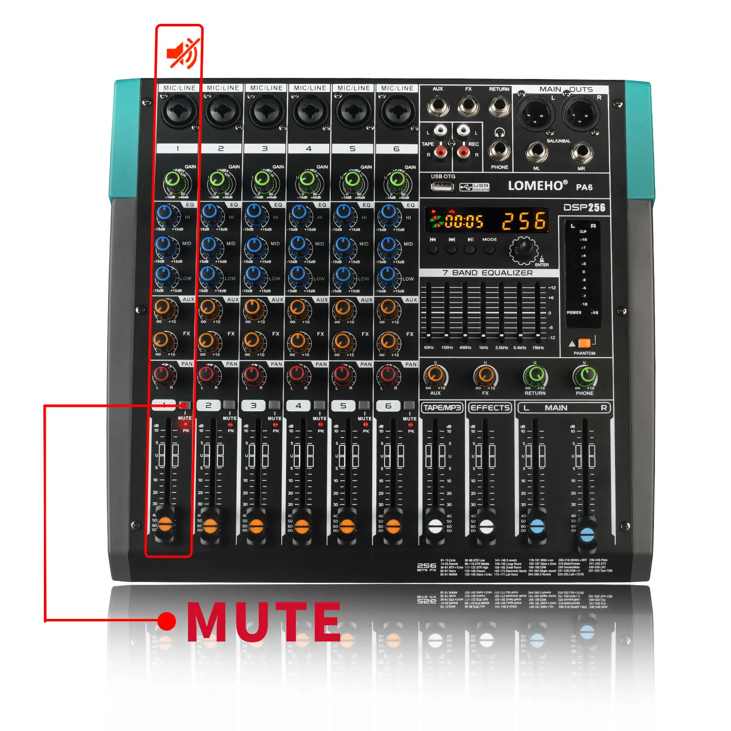 LOMEHO-consola mezcladora de 6 canales, Bluetooth, 256 efectos digitales, mezclador de Audio, mesa de sonido de 48V, USB, PC, grabación, controlador de DJ PA6 - imagen 5