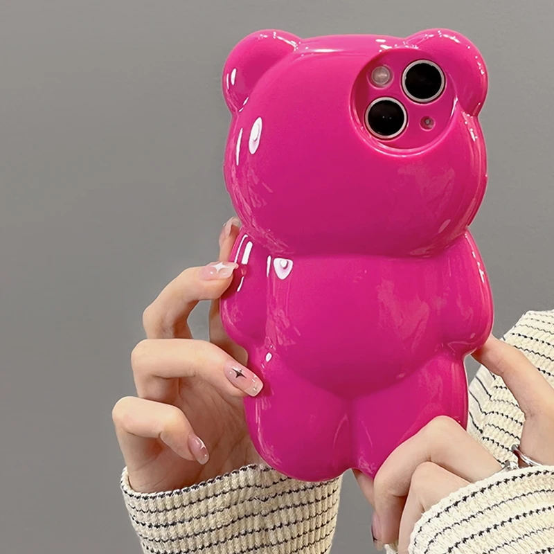 Funda de teléfono coreana con bonito oso rosa de dibujos animados en 3D para iPhone 14, 13, 12, 11, 15 Pro Max, funda trasera suave a prueba de golpes con animales encantadores - imagen 5