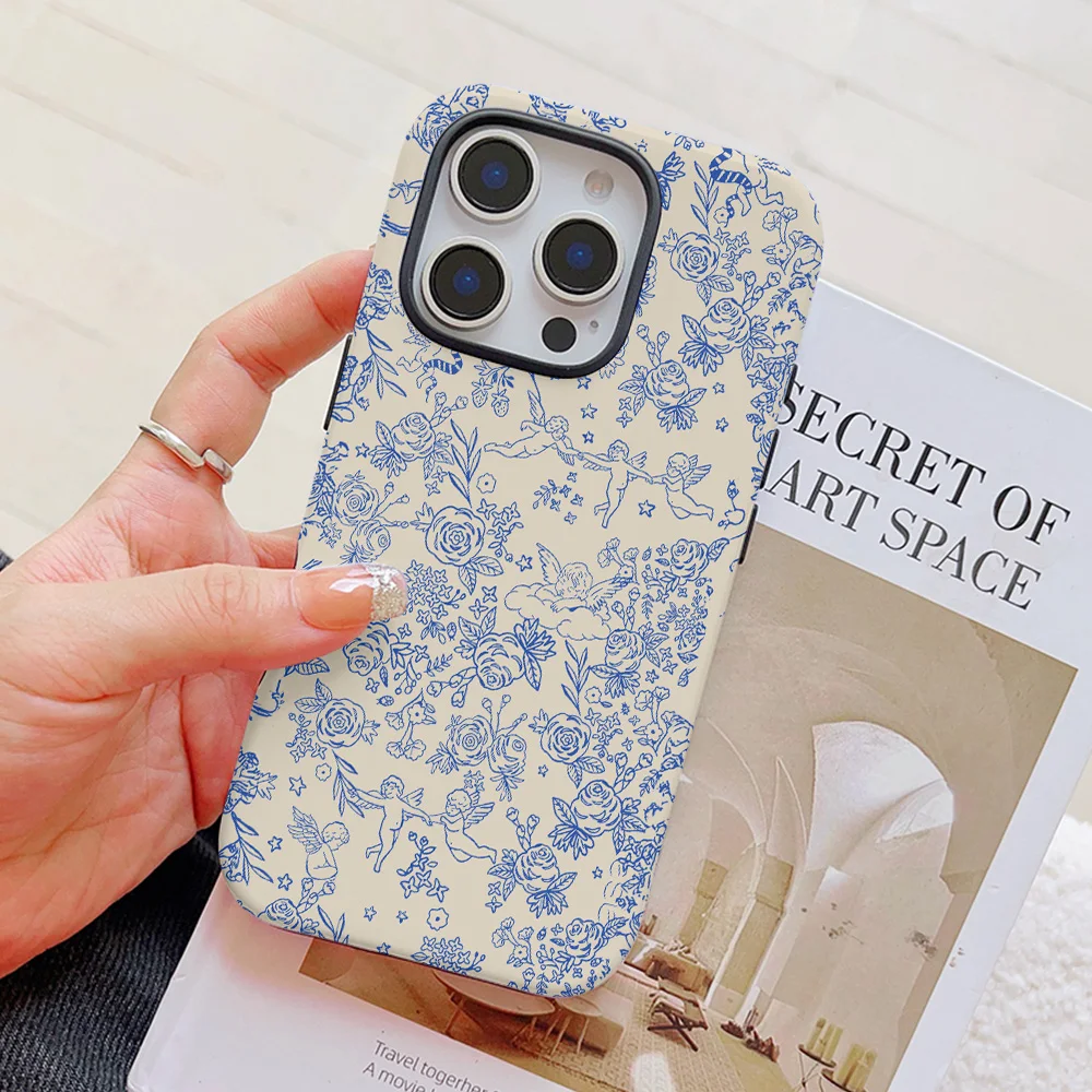 Funda de teléfono de lujo con diseño de Ángel y flor azul para iPhone 16, 15, 14, 13, 12, 11 Pro Max Plus, funda trasera magnética de doble capa de lujo - imagen 3