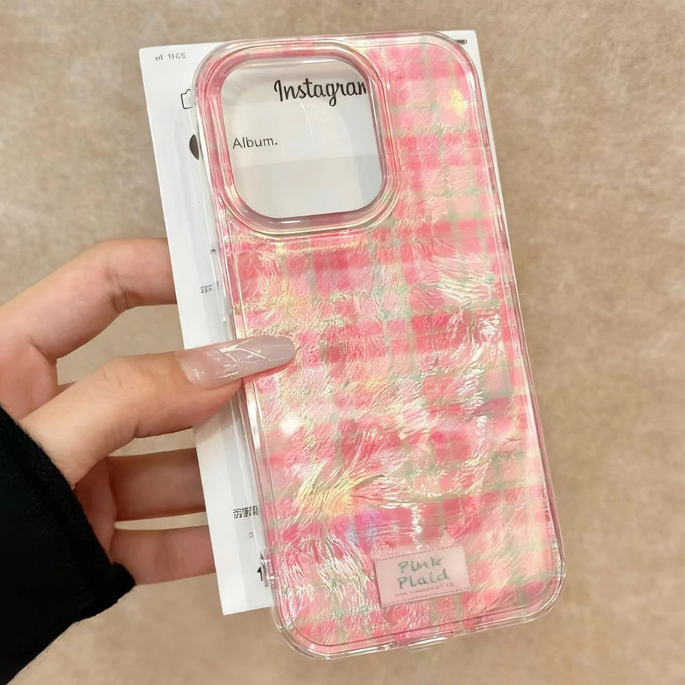  Funda de teléfono con patrón de rejilla de empalme rosa para iphone 17 Air 16 15 14 13 11 12 Pro Max 7 8 Plus X XS XR SE 2022 2020 16e, funda para mujer - imagen 2