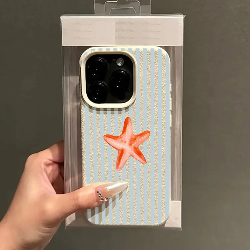 Funda de teléfono para iPhone 16 15 14 13 12 11 Pro Max X XR XS Max 15 Plus 16E verano lindo patrón de rayas de estrella de mar funda trasera suave - imagen 3