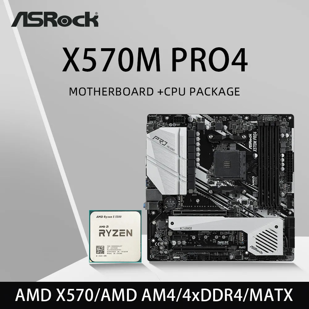 Juego de placa base ASRock X570 con CPU Ryzen 5 5500 X570M Pro4 placa base 4xDDR4 M.2 NVME HDMI RGB USB MATX AM4
