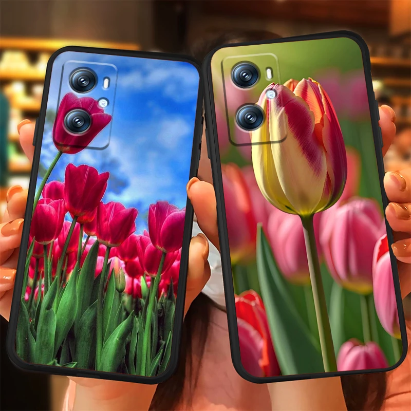 Tulipanes girasol Rosa flor para OPPO Find X5 X3 X6 A54S A5 A94 A16 A53S A57 A74 A72 A98 A78 A96 A9 5G, funda negra para teléfono - imagen 2