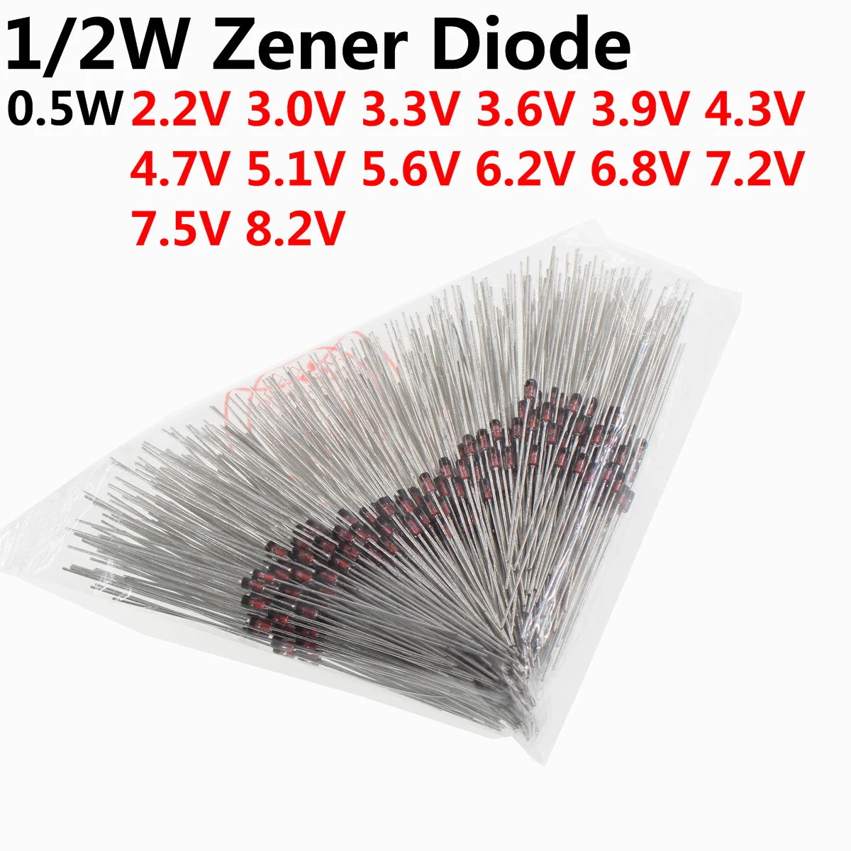Diodo Zener de 500 piezas, 1/2W, 0,5 W DO-35, 2,2 V, 3V, 3,3 V, 3,6 V, 3,9 V, 4,3 V, 4,7 V, 5,1 V, 5,6 V, 6,2 V, 6,8 V, 7,2 V, 7,5 V, 8,2 V V - imagen 2