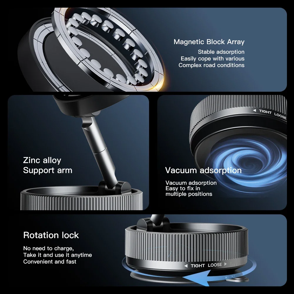 Soporte de teléfono para coche con ventosa de vacío de aleación, soporte plegable magnético fuerte con rotación de 360 para iphone 16, 15, 14, 13, 12, Xiaomi y Samsung - imagen 4