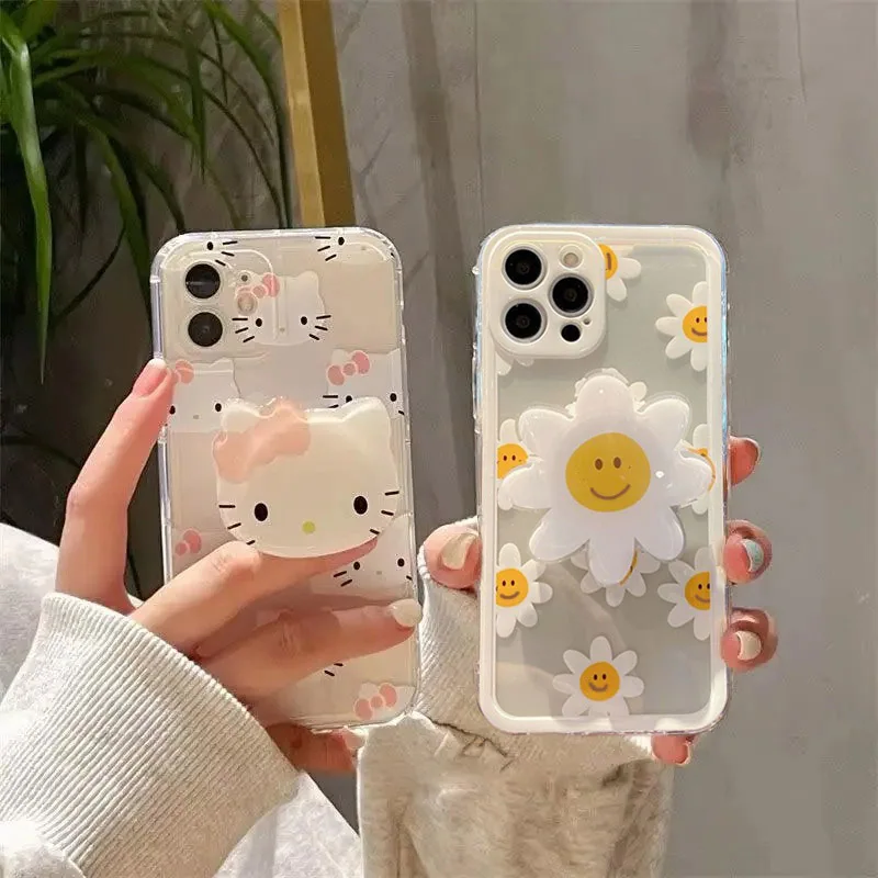 3D Daisy Flowers Grip Toks Bracket Case For iPhone 16 15 11 14 13 12 Mini Pro Max 17 Pro 17 Air Plus Hello Kitty Cover Silicone