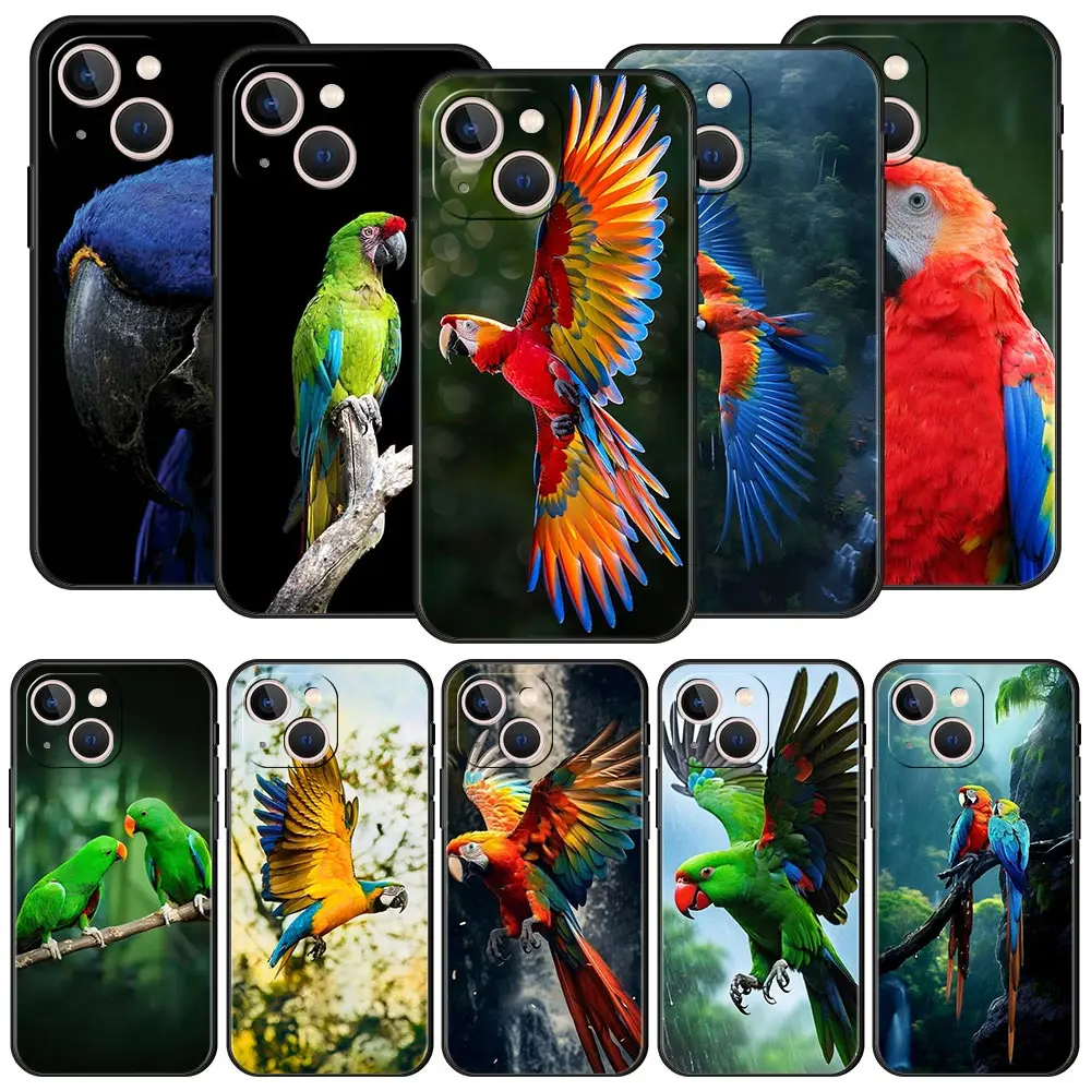 Funda de teléfono de lujo con diseño de pájaro loro para iPhone 16 13 15 14 12 11 Pro MAX XR X SE XS 7 8 Plus, funda suave de TPU a prueba de golpes