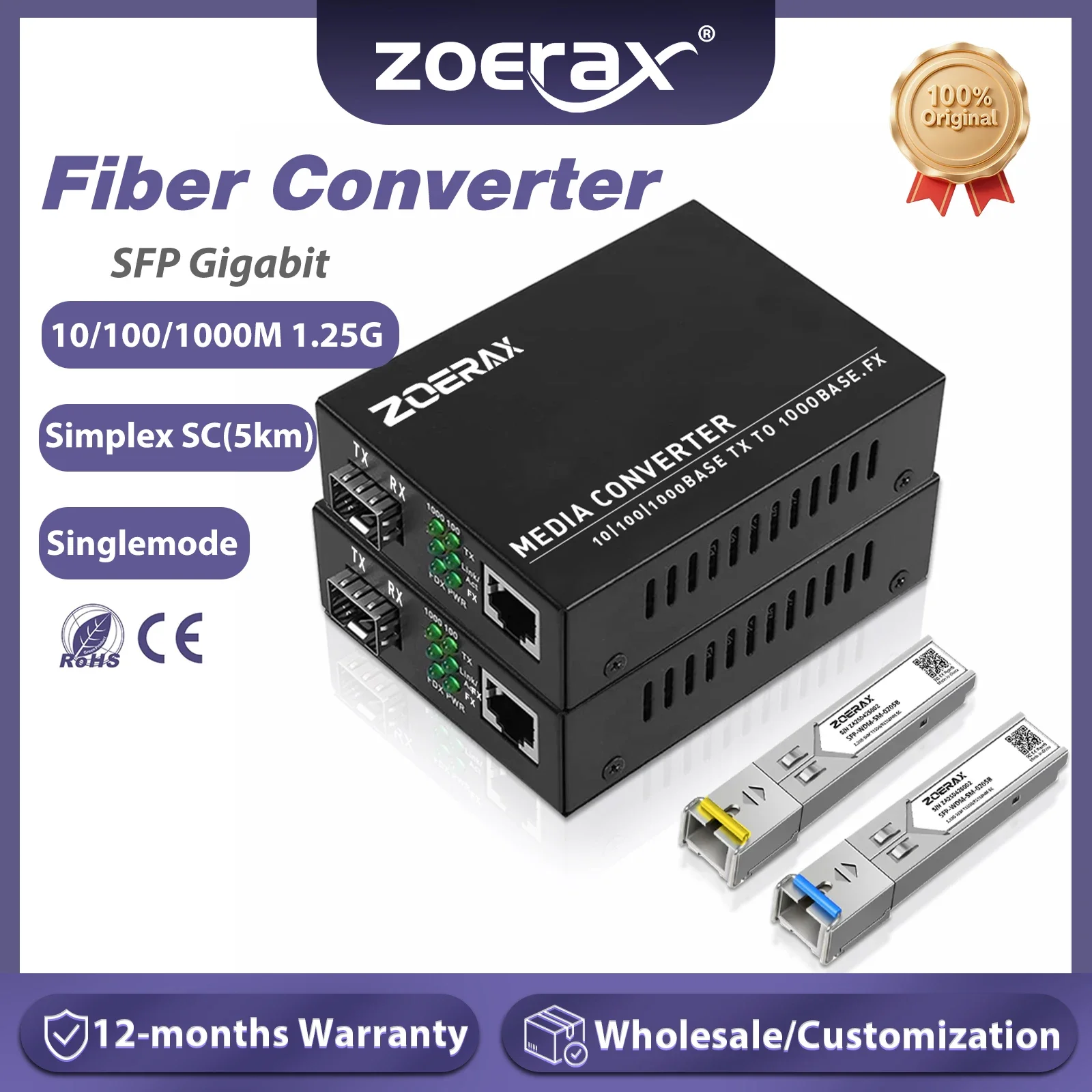 ZoeRax Gigabit SC Módulo transceptor SFP monomodo con fibra a RJ45 Ethernet Convertidor de medios Transceptor de fibra óptica