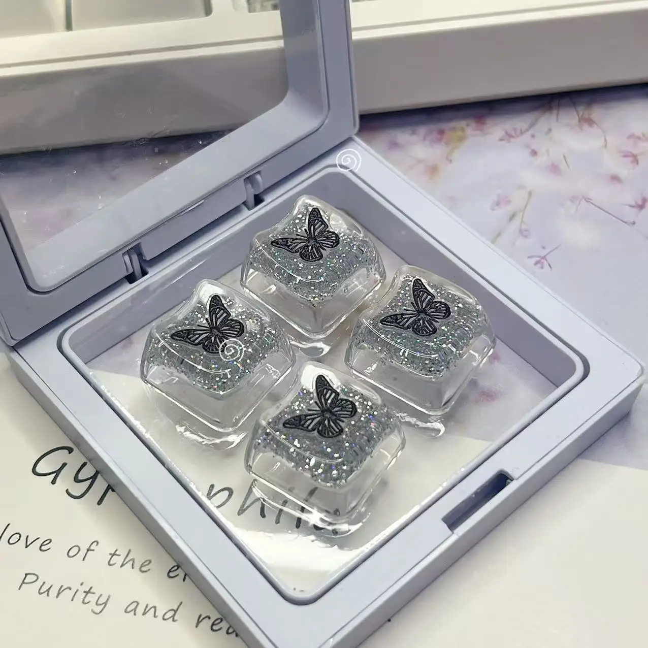 Teclas de mariposa negra DIY, bonitas teclas translúcidas con cabeza de gato, teclas de teclado mecánico transparentes de color rosa brillante para juegos - imagen 4