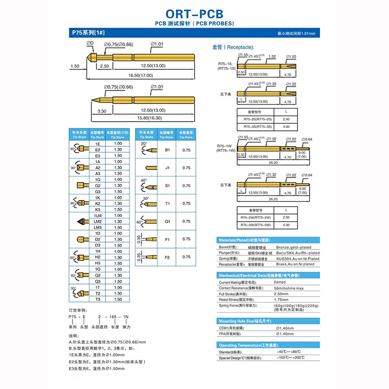 10 Uds. Un bolsa de agujas de prueba serie P75 R75 sonda telescópica resorte superior aguja PCB placa de circuito manga de aguja punta de garra redonda - imagen 5