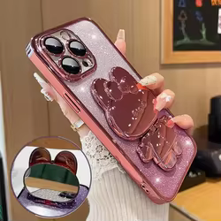 Soporte de teléfono con espejo de conejo de lujo, funda con purpurina degradada para iPhone 16 14 13 12 11 15 Pro Max 16 Plus, funda con soporte con películas de lente