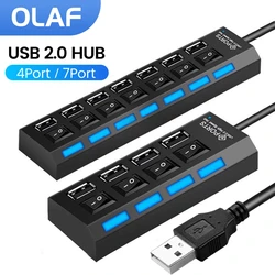 Hub USB HUB 2,0 de 4/7 puertos, adaptador de corriente, expansor divisor USB múltiple con interruptor LED para accesorios de PC, hub2.0 de alta velocidad ﻿