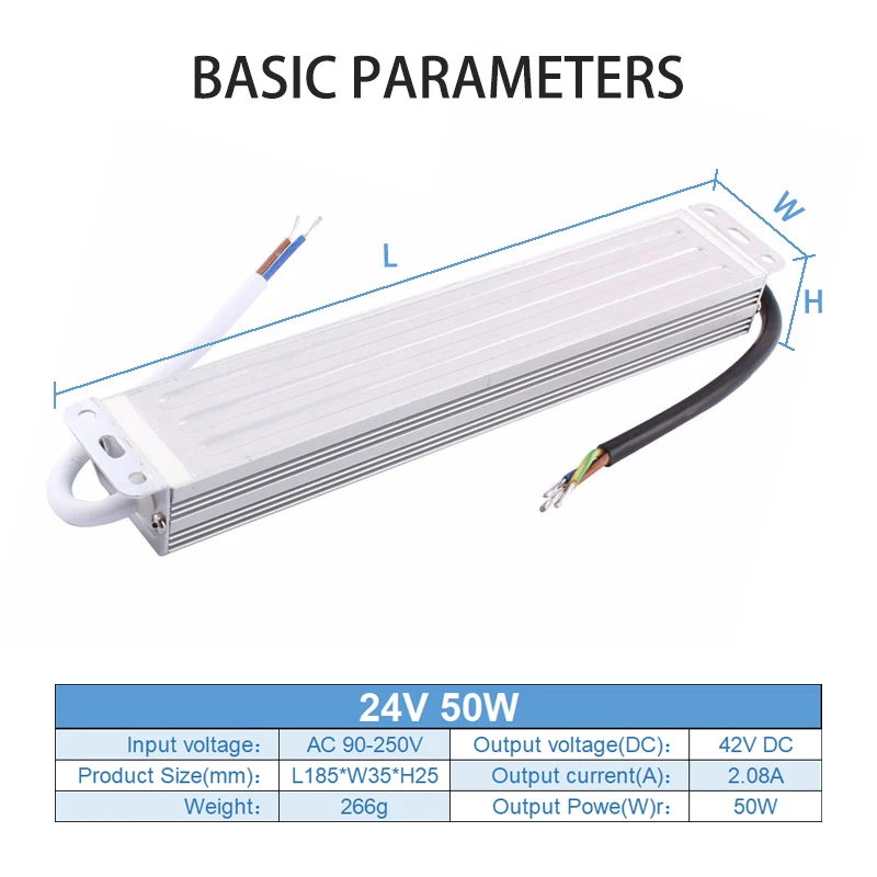 Transformador de iluminación para exteriores, adaptador de unidad LED de aluminio IP67, fuente de alimentación conmutada impermeable, 90-250V AC a DC 24V 50W 2.08A - imagen 5