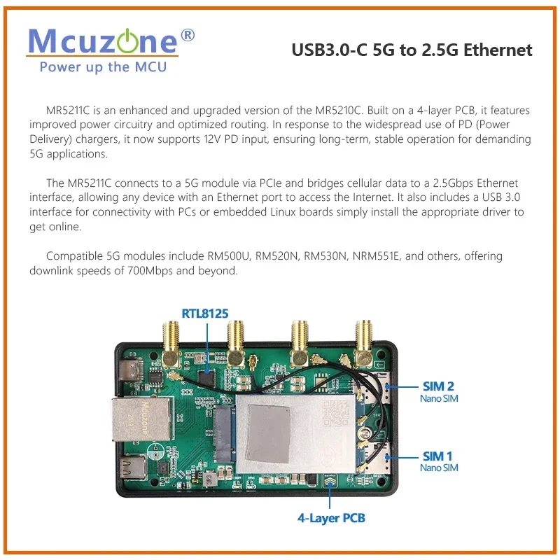 (Modelo:MR5211C)USB3.0-C M.2 5G a 2.5G Ethernet(RJ45), caja CNC, versión mejorada MR5210C compatible con RM521F,RM520N,RM510Q,RM500Q - imagen 3