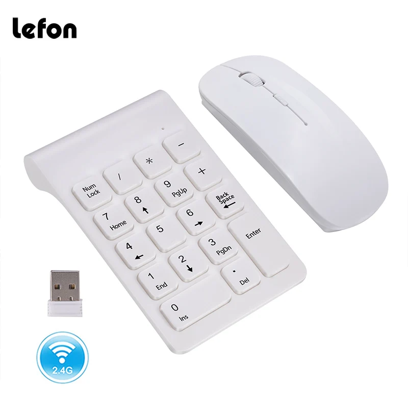 Lefon 2,4 GHz teclado digital inalámbrico Mini teclado numérico 18 teclas teclado blanco juego de ratón para computadora portátil PC