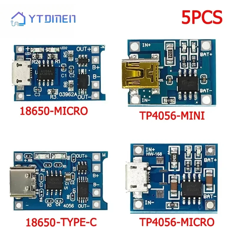 5 uds 1A 18650 Placa de protección de carga de batería de litio Micro/tipo-c/Mini módulo de carga USB módulo de función de protección TP4056