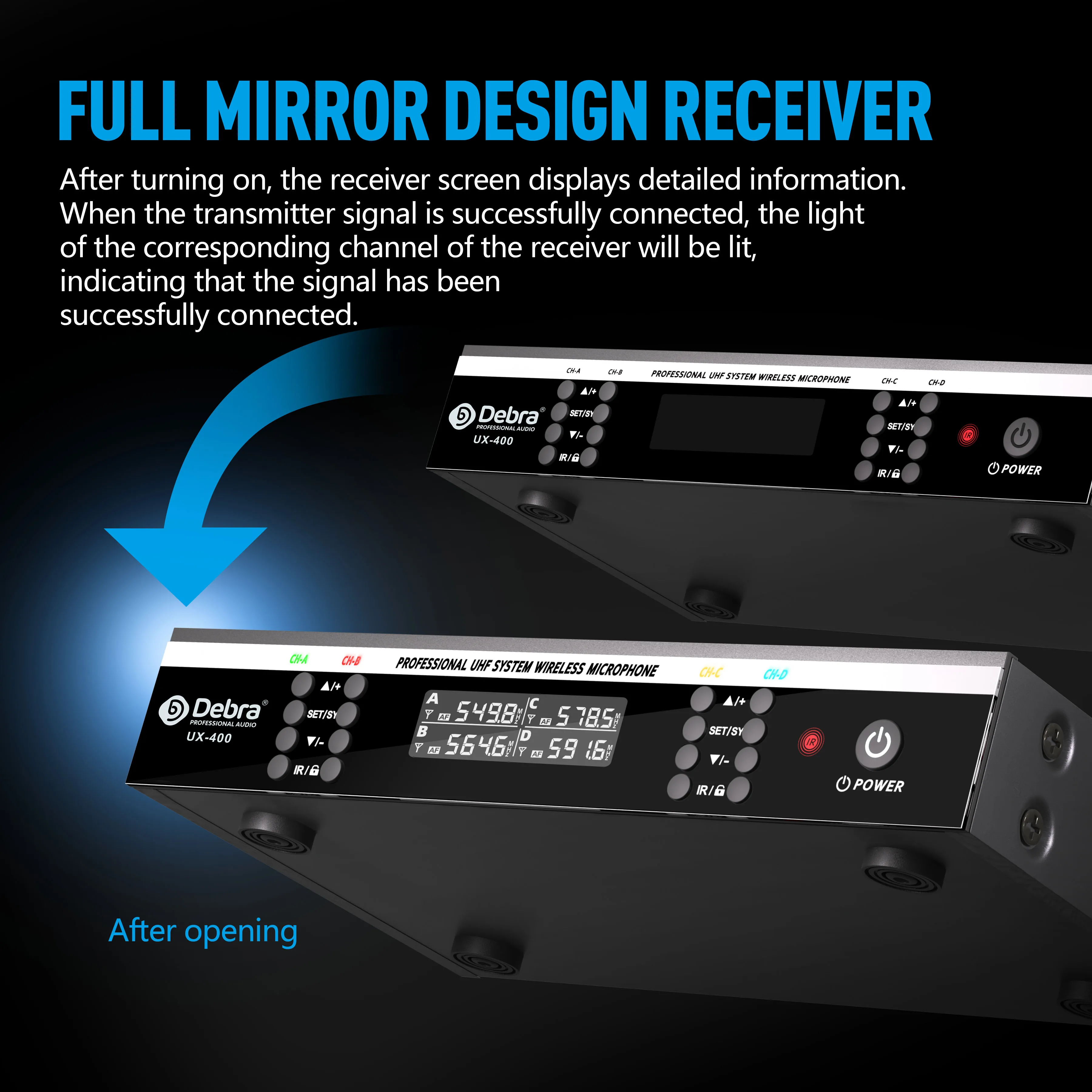 Micrófono de mano inalámbrico UHF de 4 canales, sistema de 500-600MHz, UX-400 con sincronización de frecuencia infrarroja y función de búsqueda automática - imagen 5