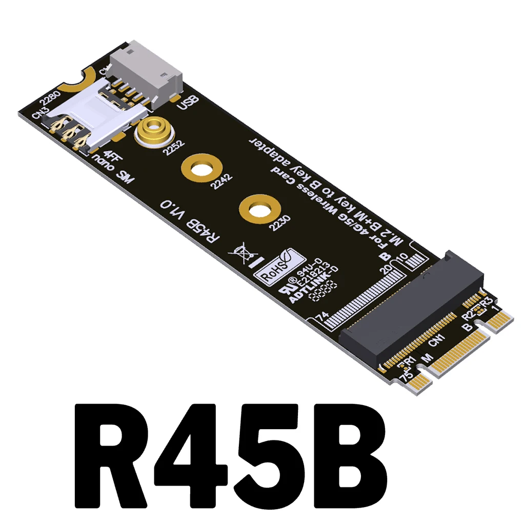 Adaptador R45B M.2 B & M-key 2280 a B-key para tarjeta de módem inalámbrica 3G/4G/5G, compatible con tarjeta de módulo NanoSIM M2 B Key 3042 3052 LTE